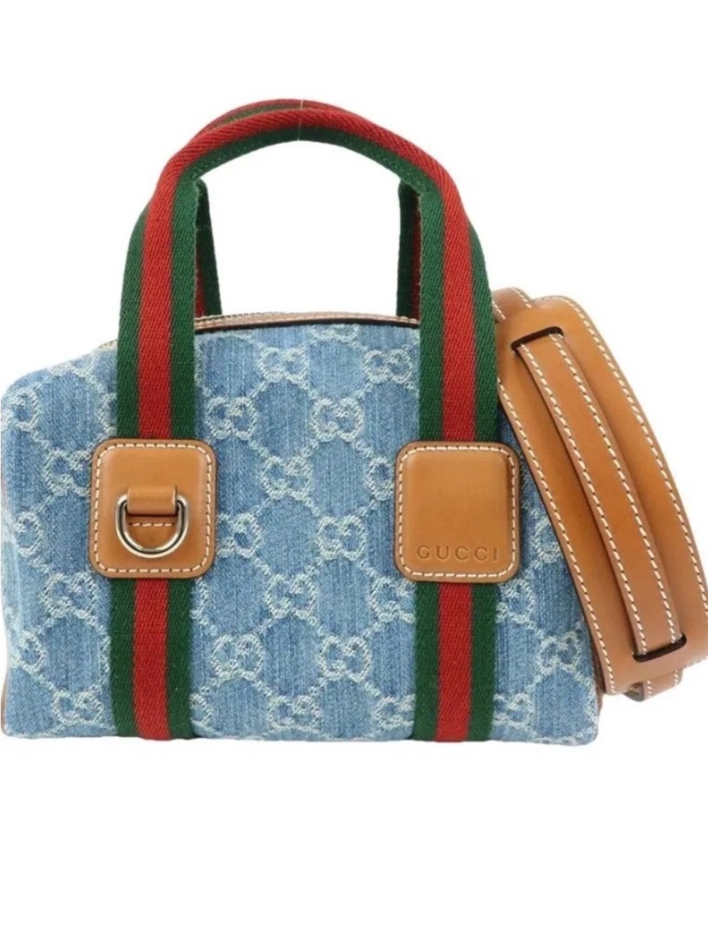 Gucci Denim GG Small Boston Top Handle Crossbody Bag Web Stripe